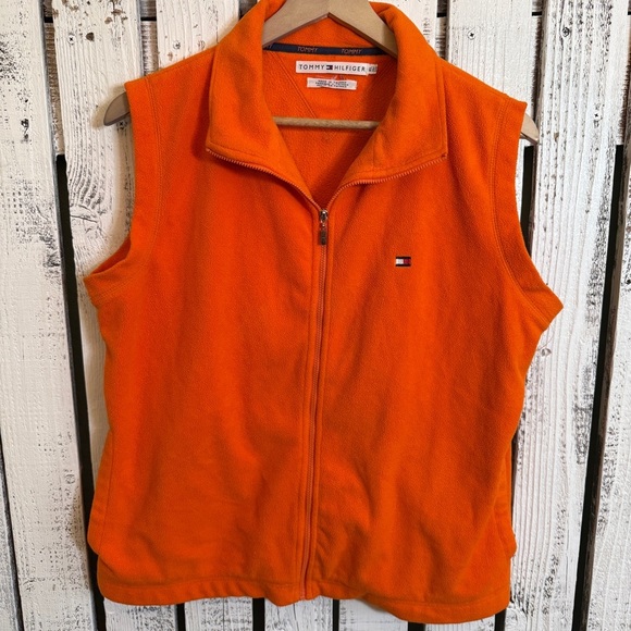 VTG Y2K Tommy Hilfiger Full Zip Fleece Vest Women Size XL Orange Clueless Vibes - Picture 1 of 11
